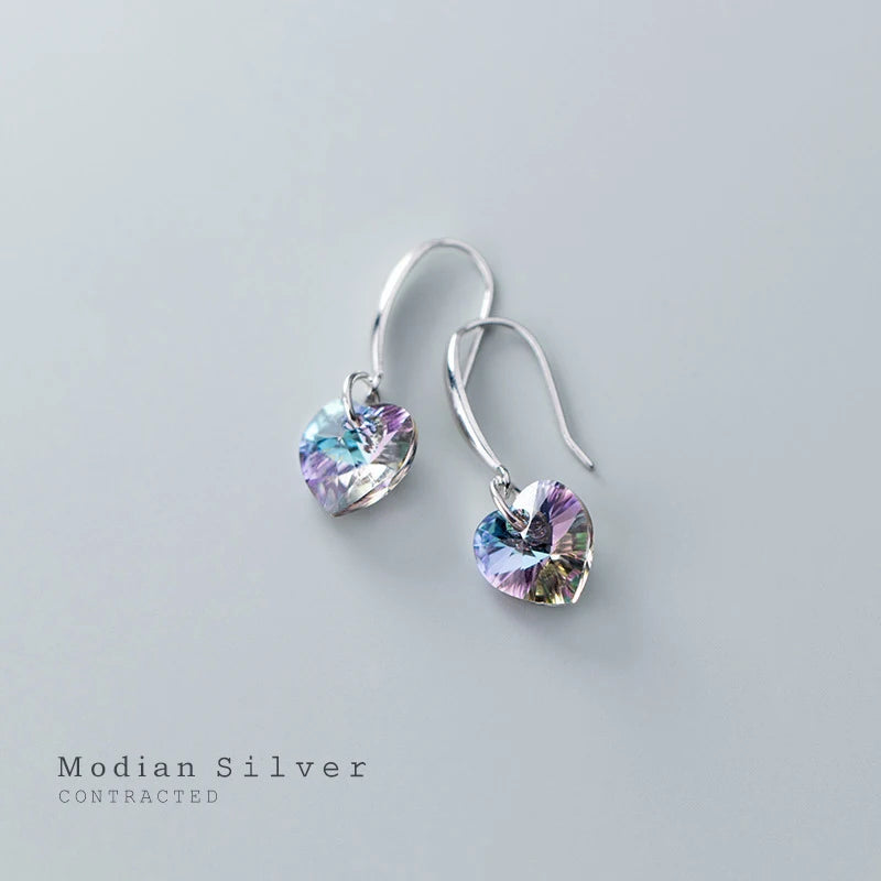 Modian Authentic 925 Sterling Silver Charm Ear Heart Shape Rainbow Crystal Dangle Earrings for Women Lady Fashion Jewelry Gift
