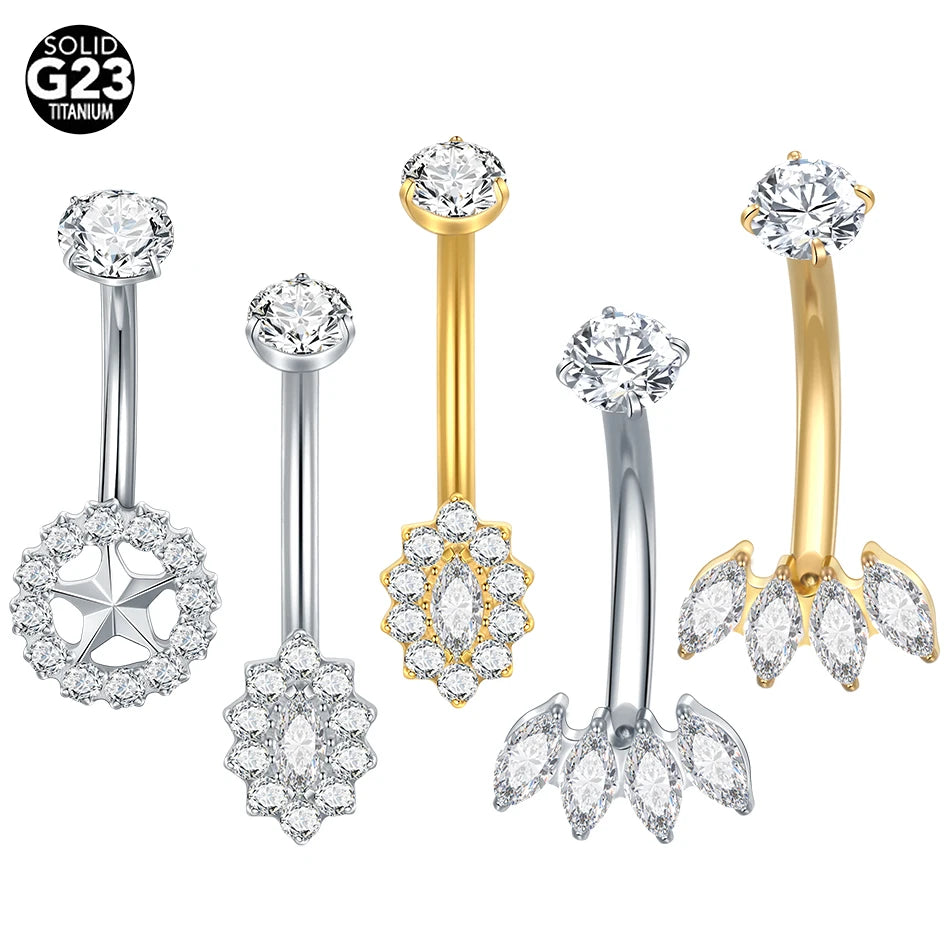 1/5PCS Titanium Piercing Star Belly Rings Flower CZ Crystal Navel Belly Button Rings Ombligo Piercing Sexy Women Jewelry 14G