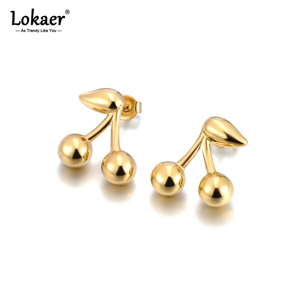 Lokaer Fashion Stainless Steel Metal Chic Cherry Stud Earrings Waterproof Charm Fashion Jewelry 18K PVD Plated Wholesale E25018