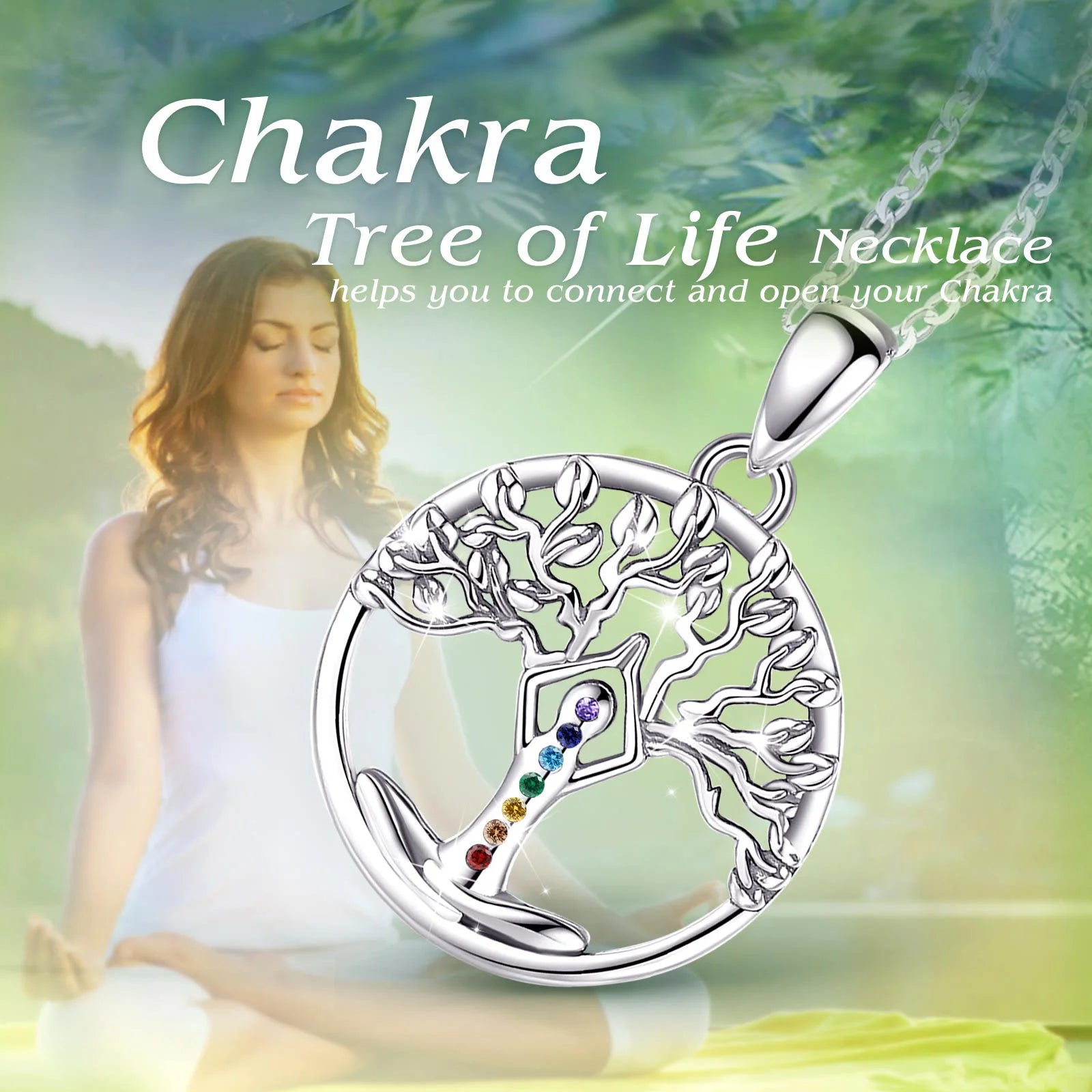Eudora 925 Sterling Silver 7 Chakra Tree of Life Necklace Mandala Yoga Charm Amulet Pendant Fine Temperament Jewelry Party Gift