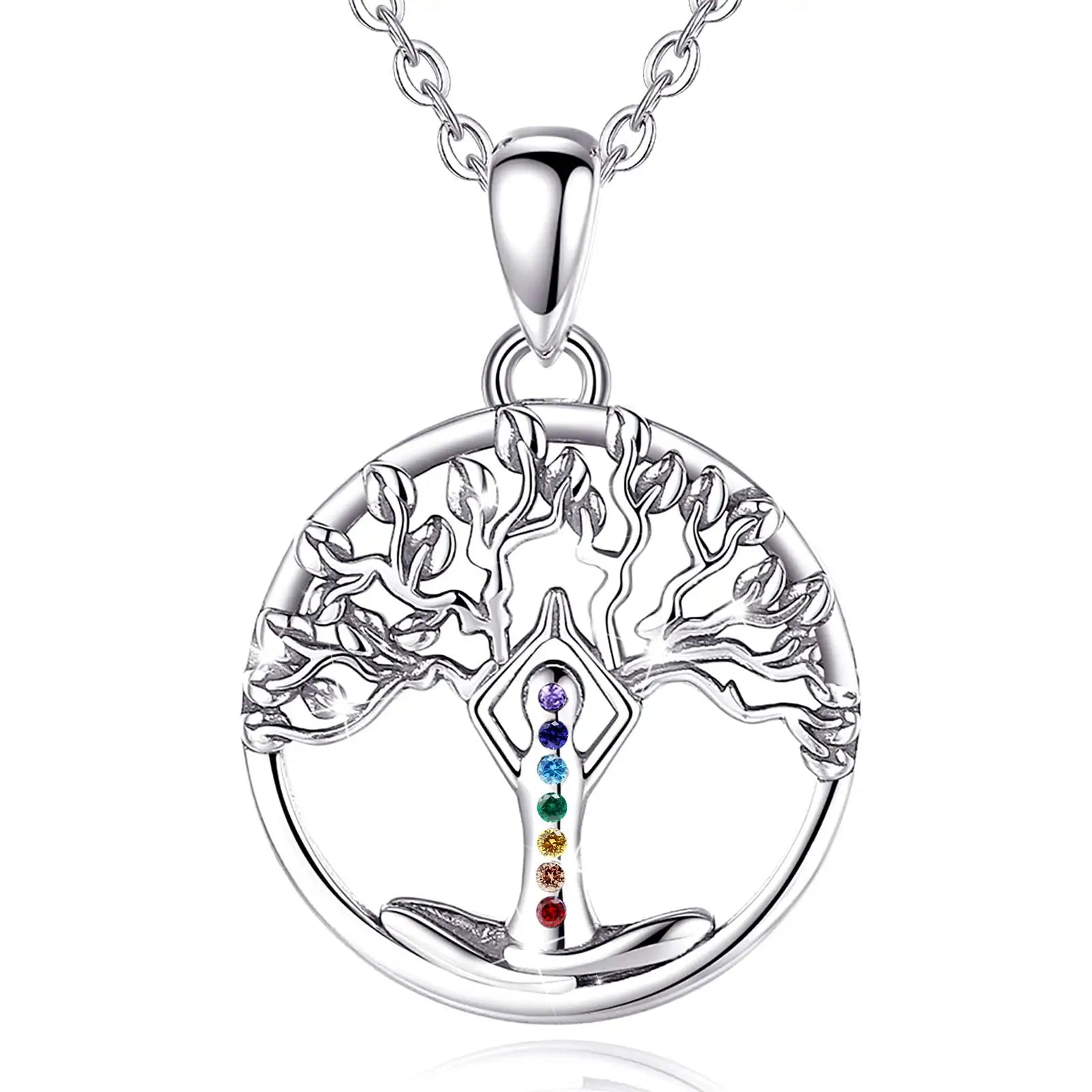 Eudora 925 Sterling Silver 7 Chakra Tree of Life Necklace Mandala Yoga Charm Amulet Pendant Fine Temperament Jewelry Party Gift