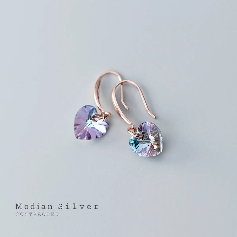 Modian Authentic 925 Sterling Silver Charm Ear Heart Shape Rainbow Crystal Dangle Earrings for Women Lady Fashion Jewelry Gift