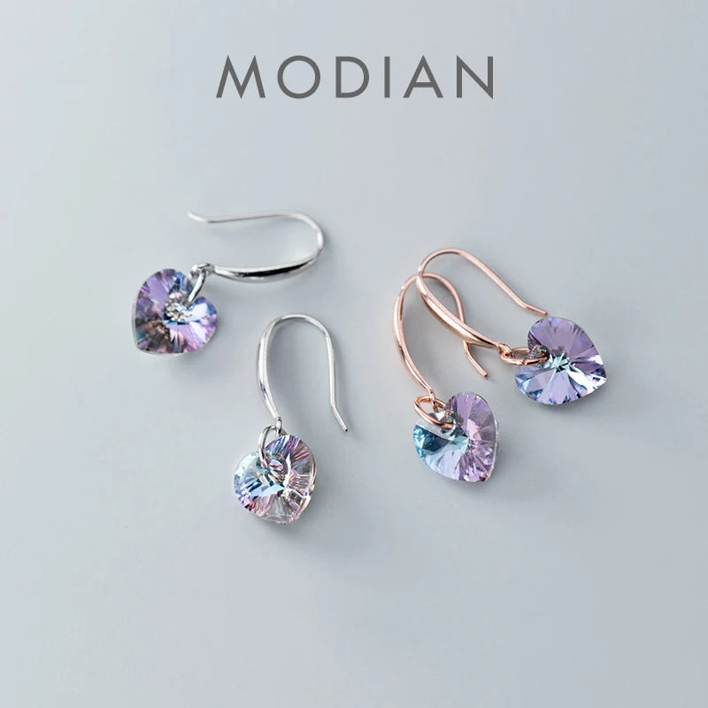 Modian Authentic 925 Sterling Silver Charm Ear Heart Shape Rainbow Crystal Dangle Earrings for Women Lady Fashion Jewelry Gift