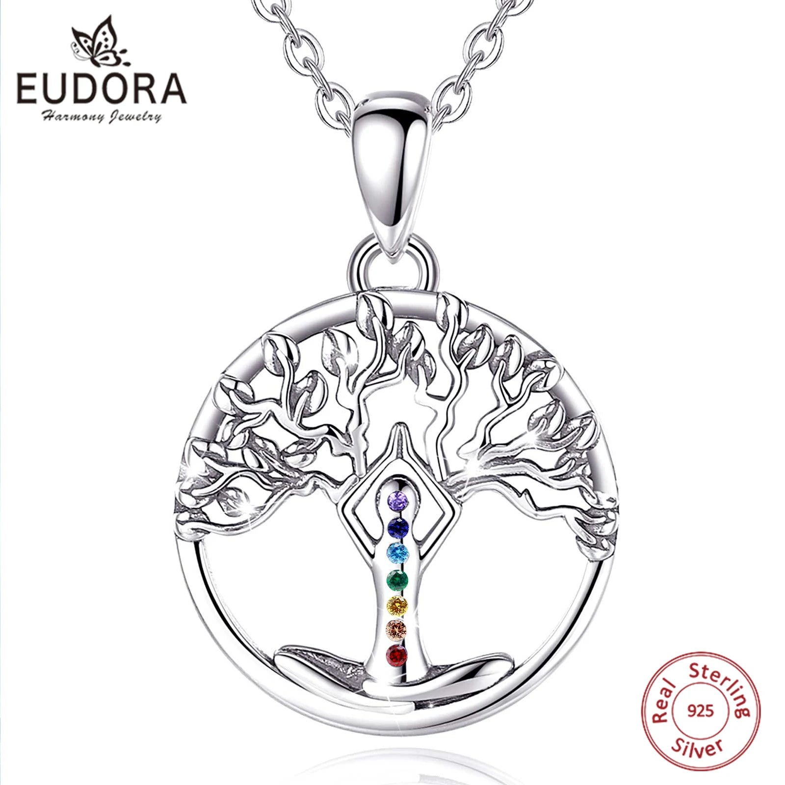 Eudora 925 Sterling Silver 7 Chakra Tree of Life Necklace Mandala Yoga Charm Amulet Pendant Fine Temperament Jewelry Party Gift