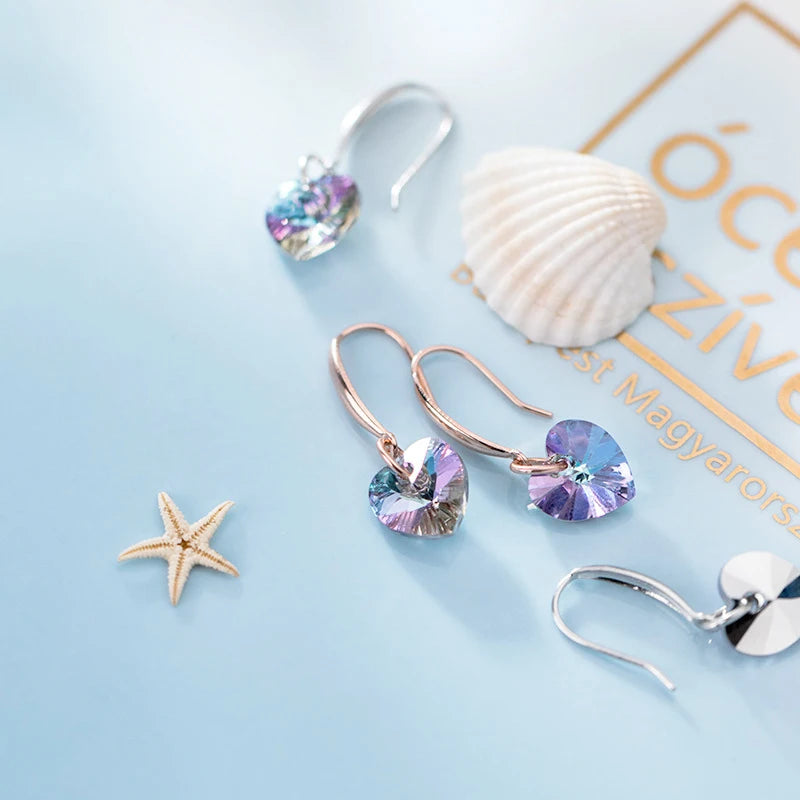 Modian Authentic 925 Sterling Silver Charm Ear Heart Shape Rainbow Crystal Dangle Earrings for Women Lady Fashion Jewelry Gift