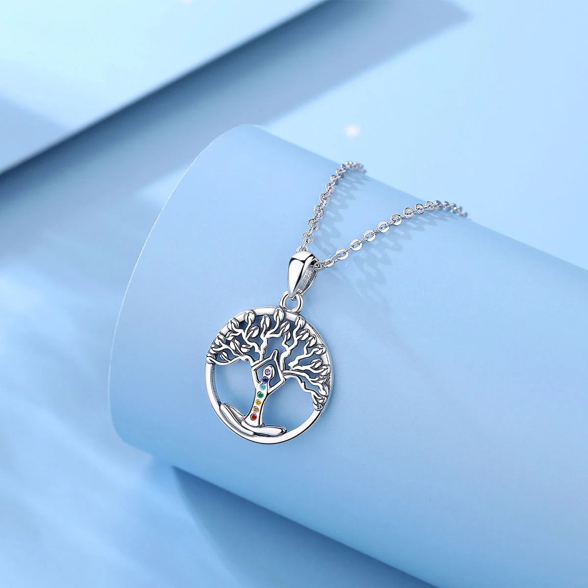 Eudora 925 Sterling Silver 7 Chakra Tree of Life Necklace Mandala Yoga Charm Amulet Pendant Fine Temperament Jewelry Party Gift